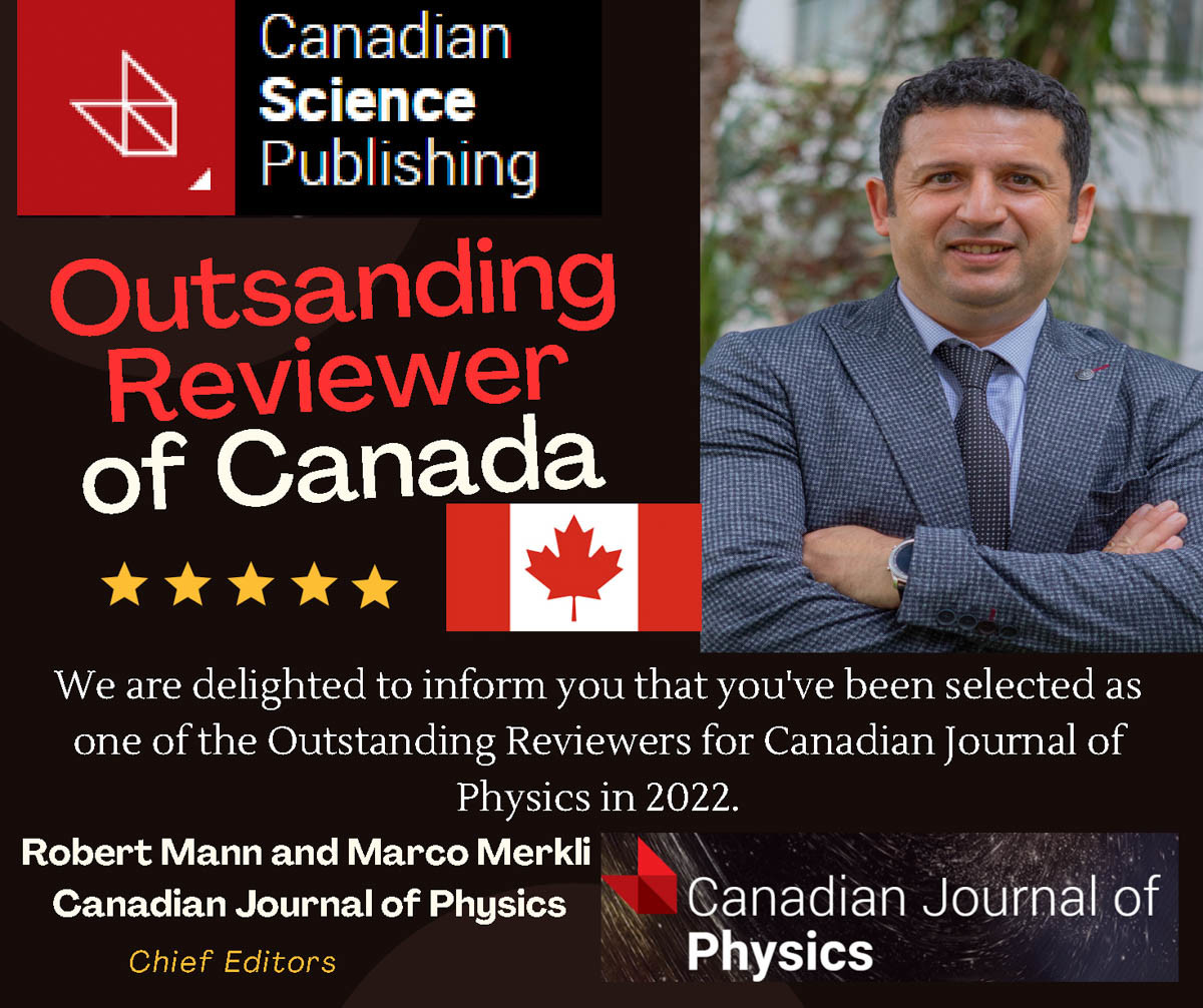 EMU Physics Department Academic Staff Member Prof. Dr. İzzet Sakallı Receives Outstanding Reviewer Award from Canada